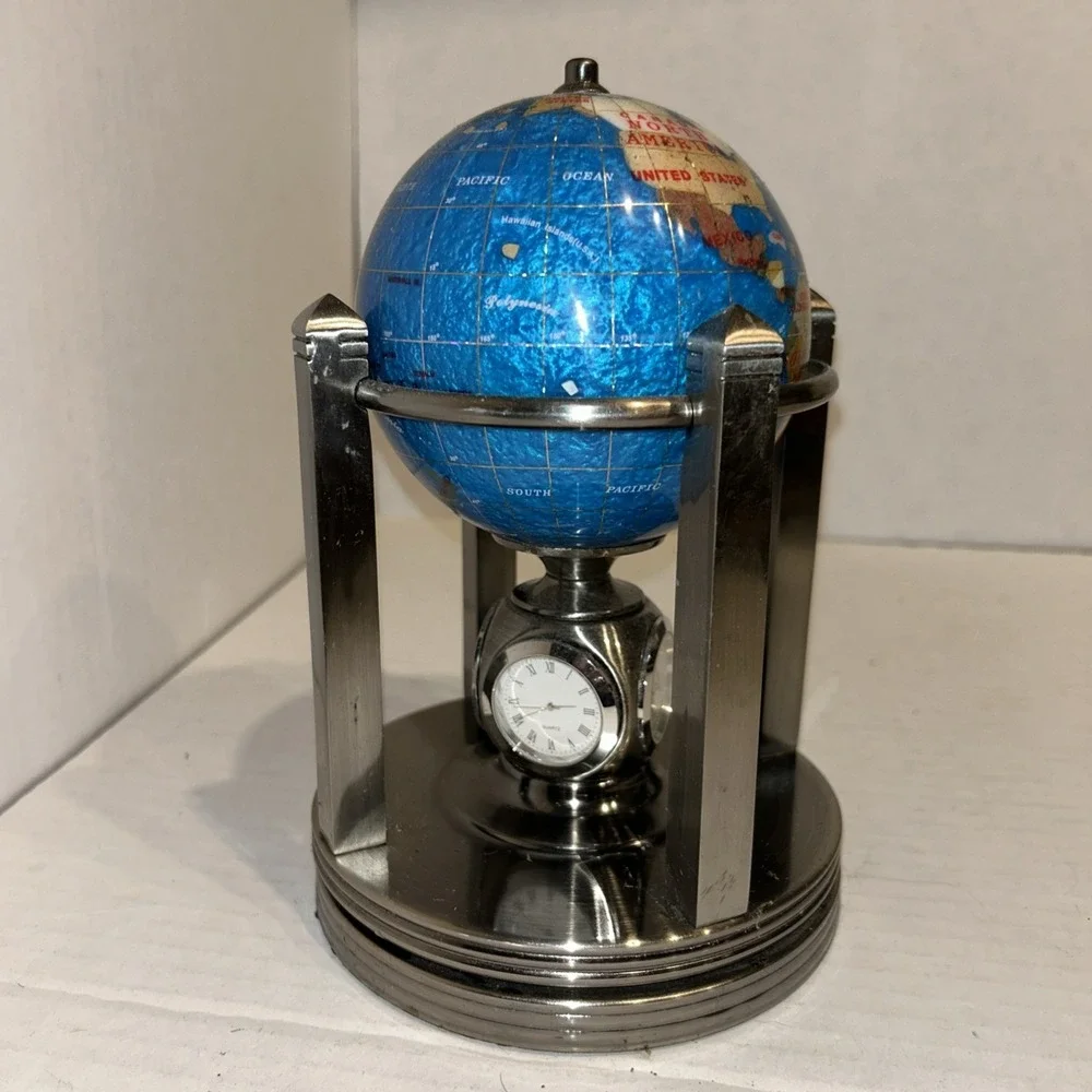 Globe By Alex‎ Kalifano-Chrome Revolving W\ 2 Clocks Thermometer & Hydrometer
